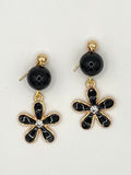 Black Flower Dangle Earrings with Gold & Rhinestone Accents
