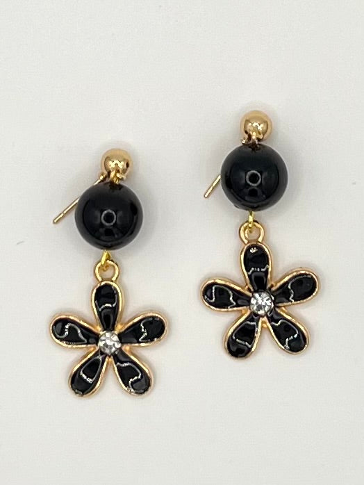 Black Flower Dangle Earrings with Gold & Rhinestone Accents