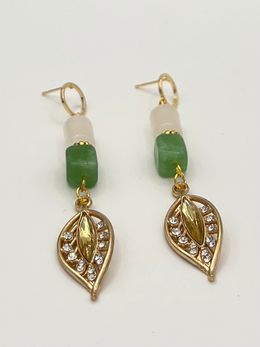 Natural Peridot & White Calcite Drop Earrings with Gold Tone Leaf Charm