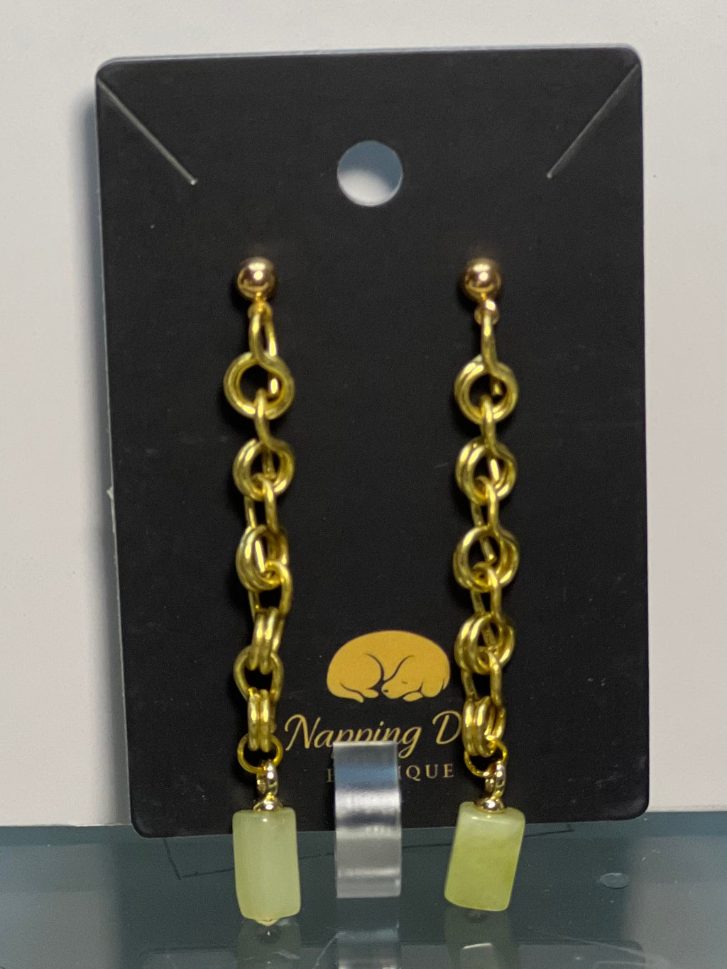 Hand-Wired Gold-Tone Chain Dangle Earrings with Pale Green Stone Drops