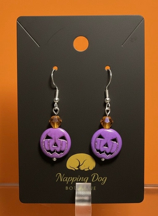 Purple Ceramic Jack-O’-Lantern Dangle Earrings – Halloween Earrings