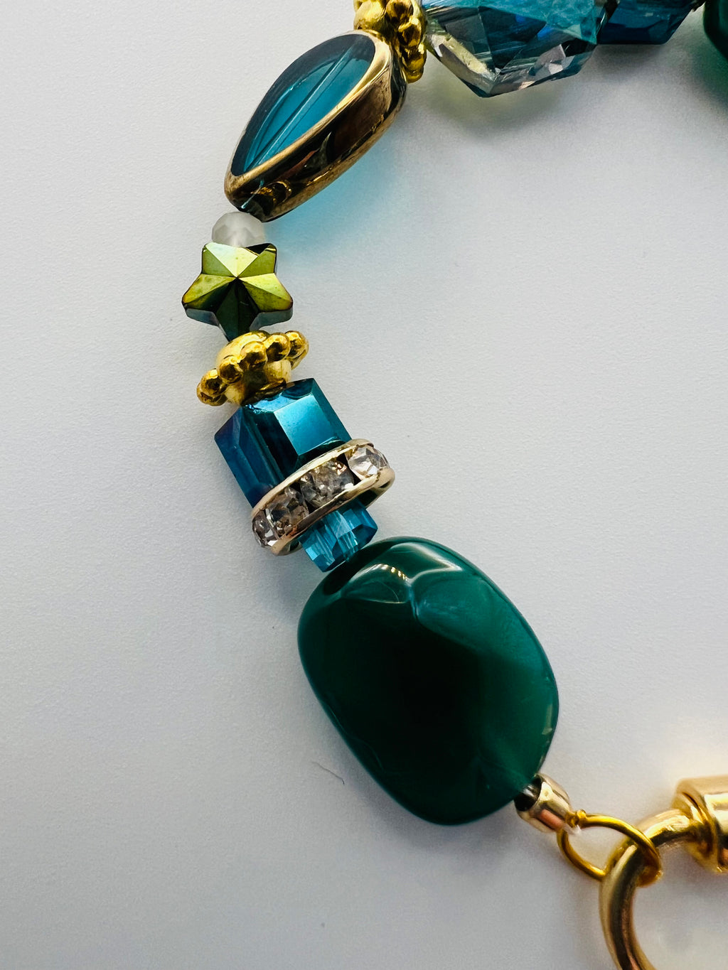 Turquoise & Green Stone/Bead Gold Tone Bracelet with Opal Charm