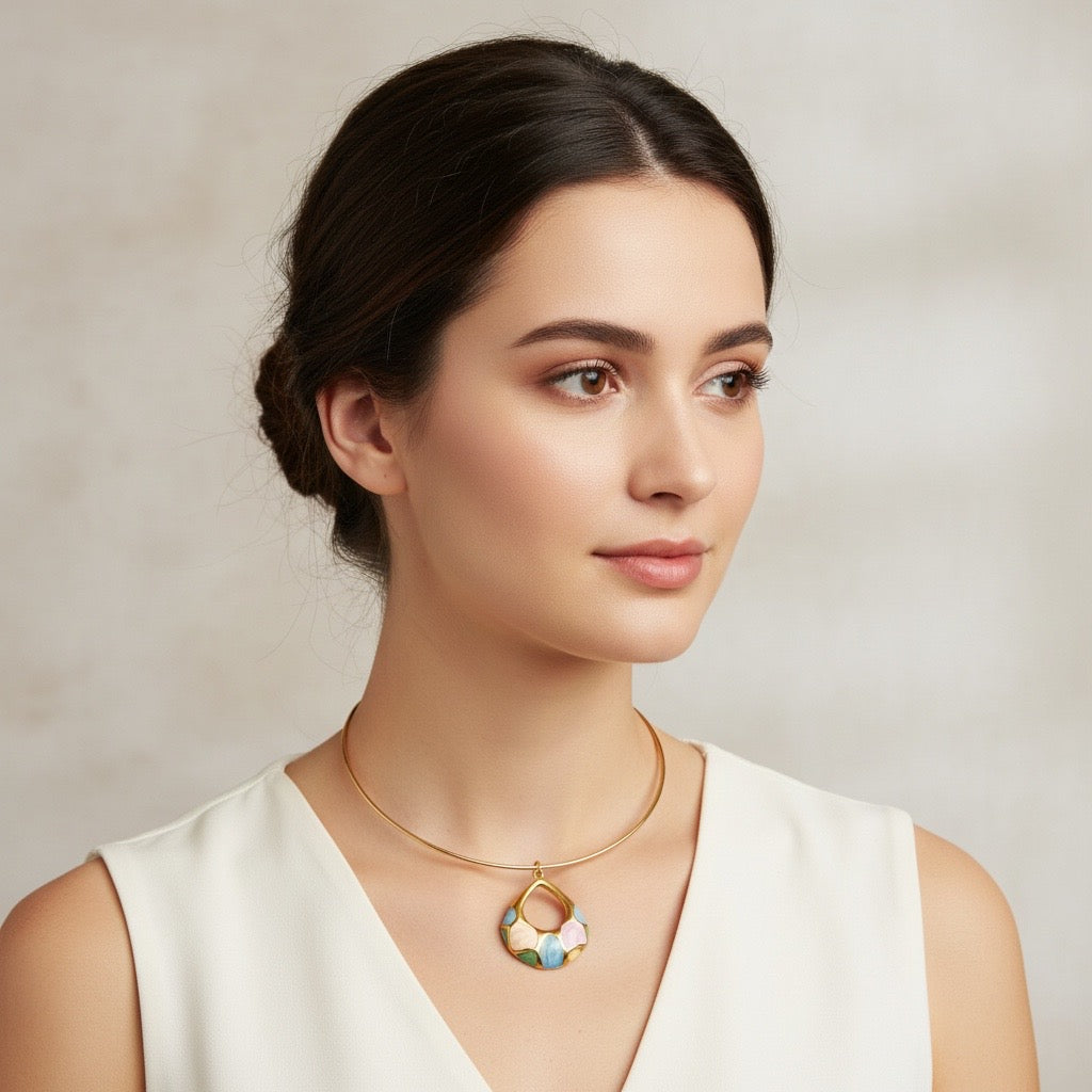 Multicolor Enamel Pendant Choker Necklace – Gold-Tone Statement Necklace