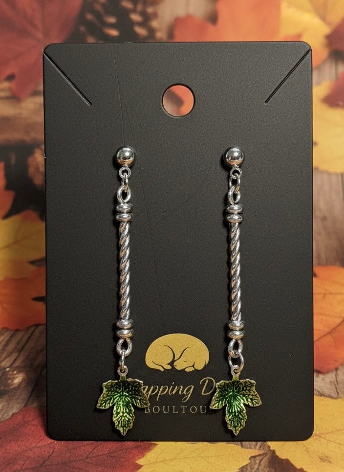 Silver-Tone Leaf Dangle Earrings – Green Enamel Fall Earrings
