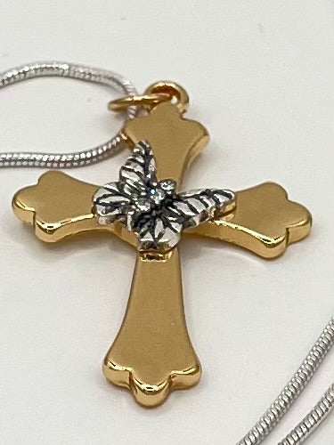 Gold and Silver Tone Cross Necklace with Butterfly Accent