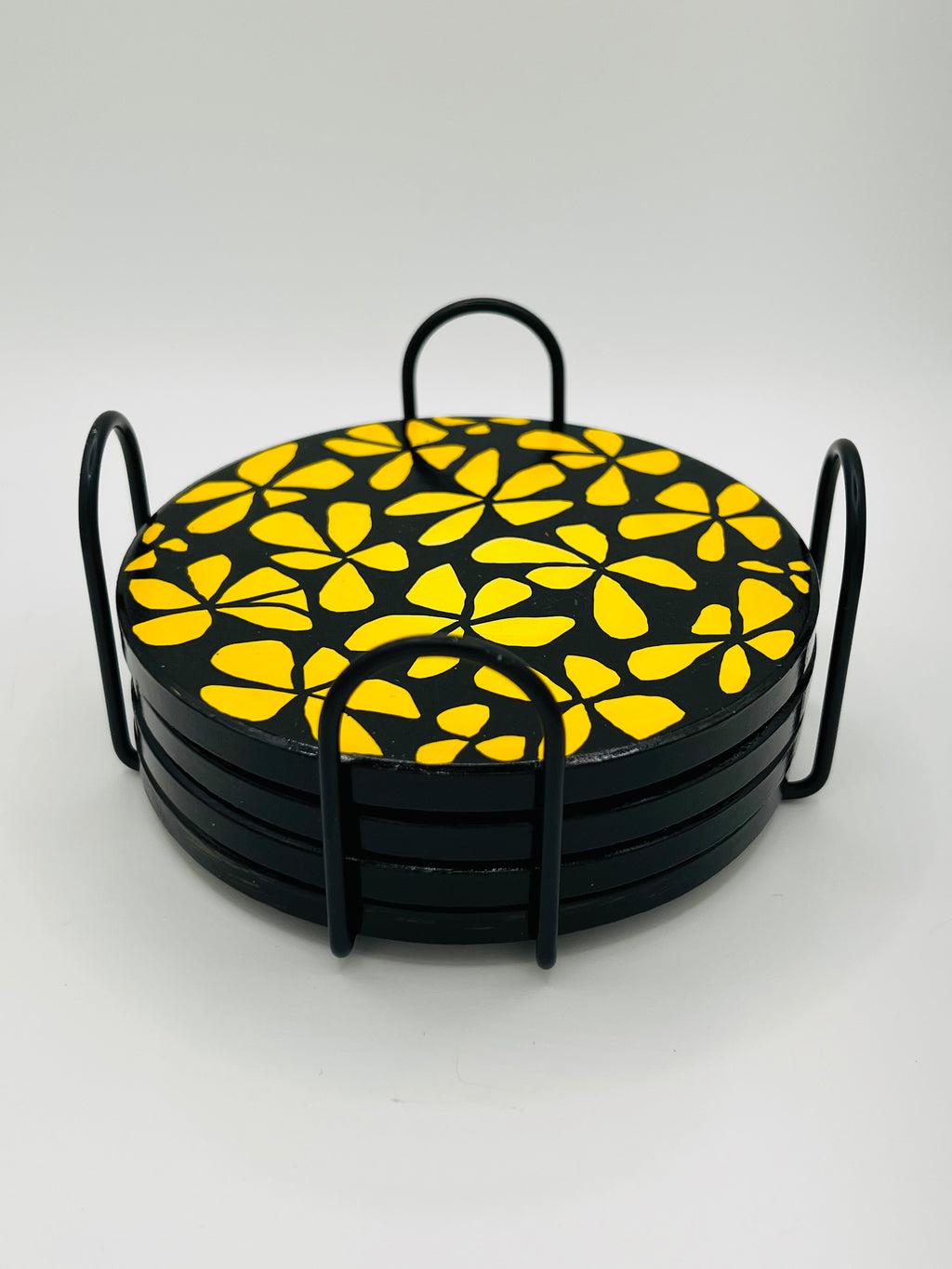 Hand-Painted Black and Yellow Gradient Floral Coaster - Set of 4