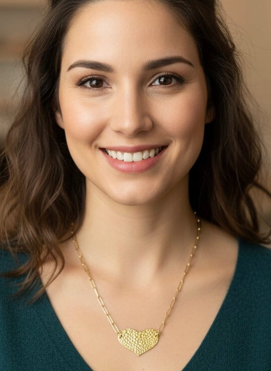 Gold Tone Hammered Heart Pendant Necklace – Stainless Steel Chain