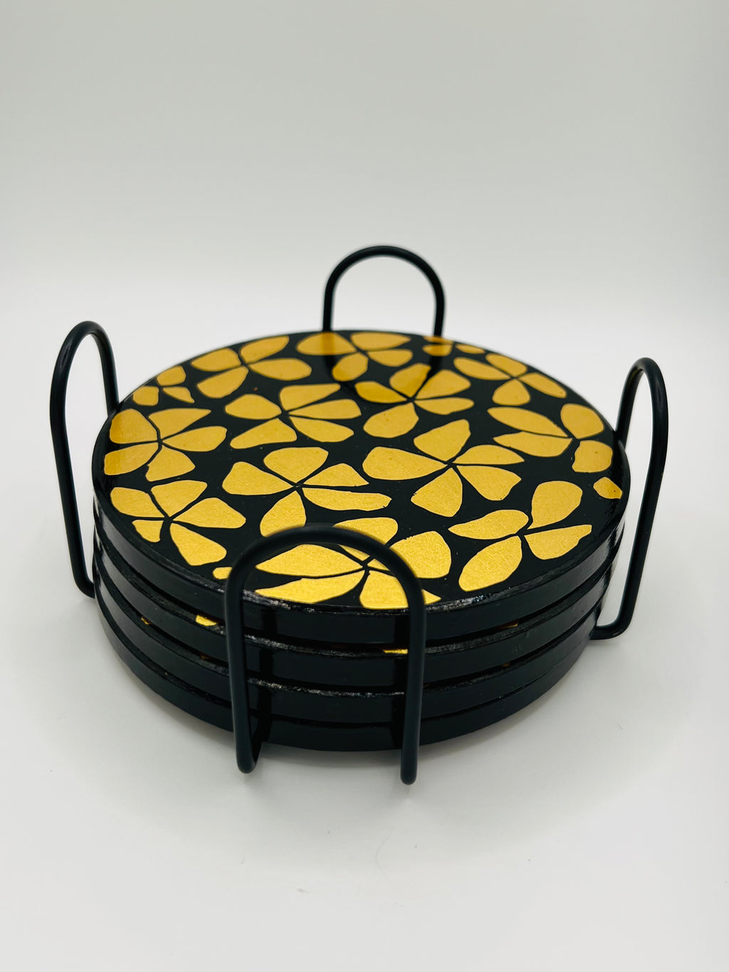 Hand-Painted Black and Gold Floral Coaster Set – Set of 4