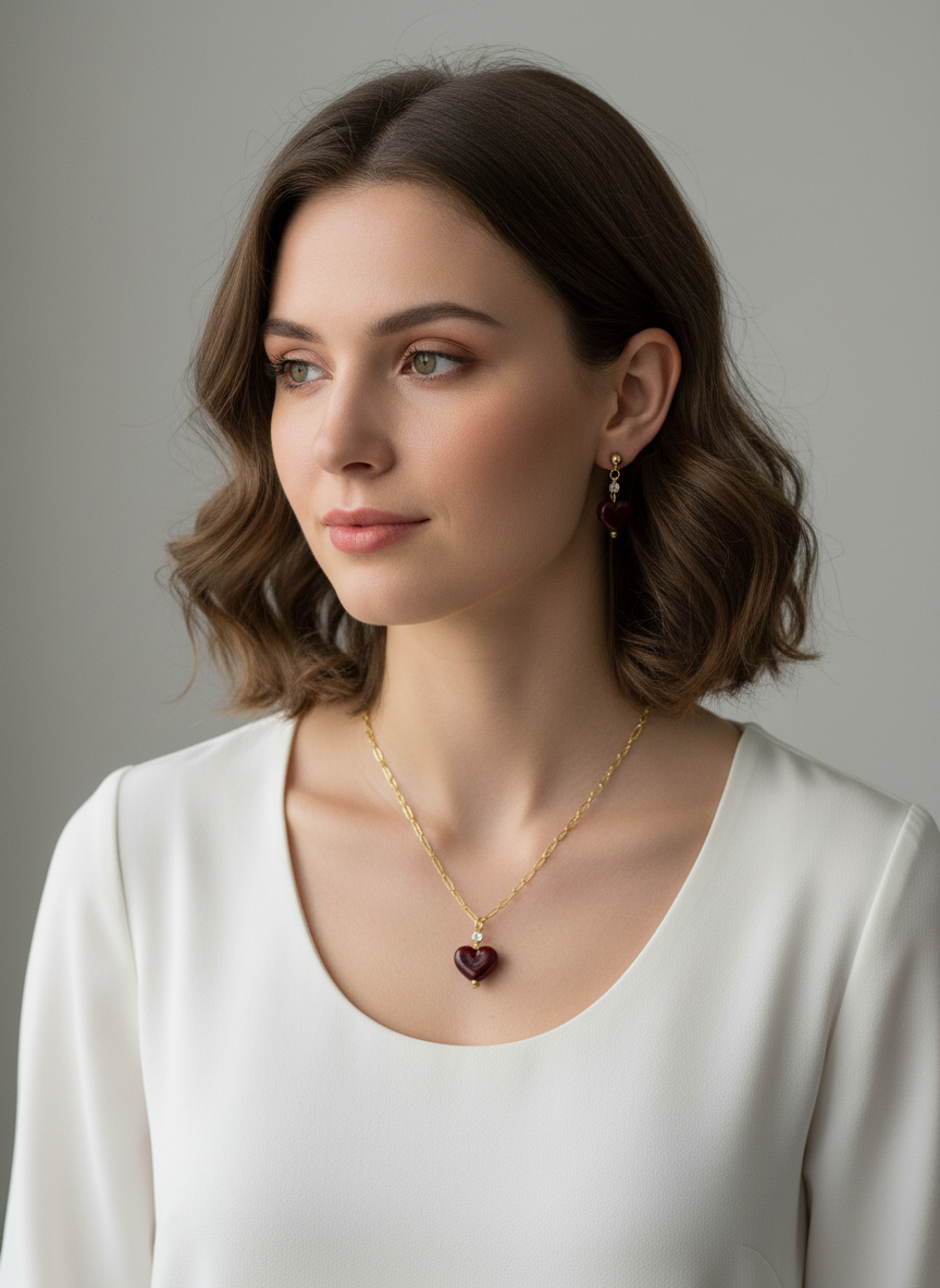 Handmade Lampwork Red Heart Necklace & Earring Set with Crystal Accents