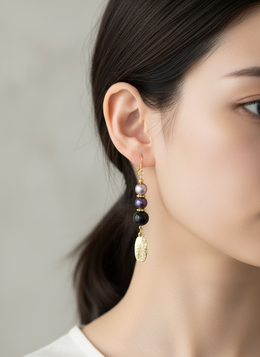 Purple & Black Beaded Dangle Earrings with Gold Tone Charm