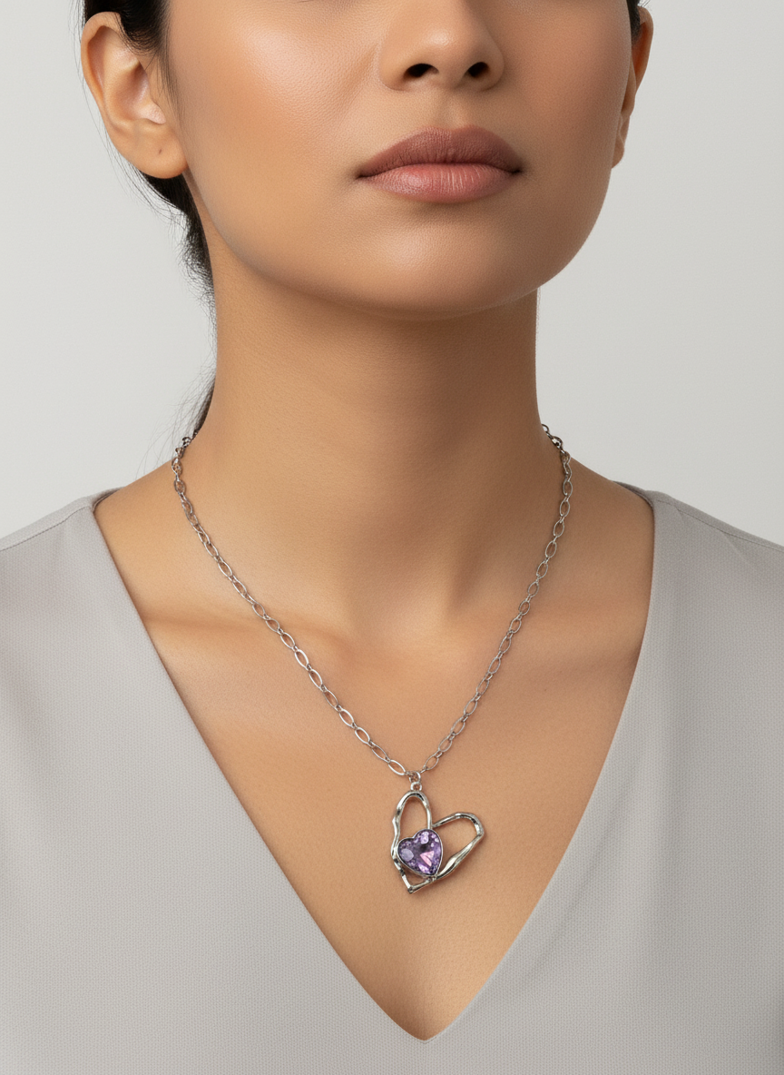 Stainless Steel Open Heart Necklace with Purple Crystal Pendant