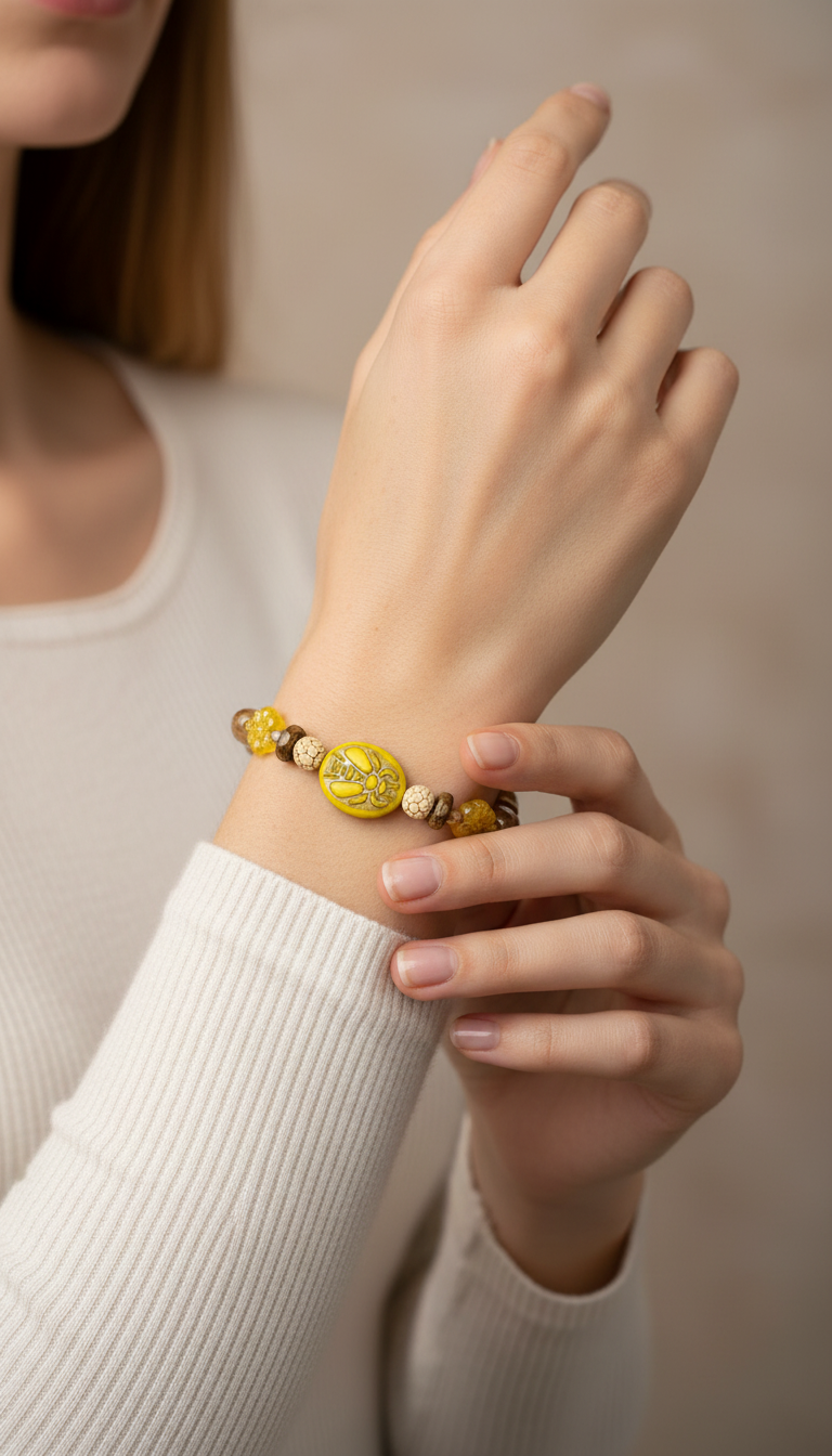 Golden Yellow Bee Beaded Bracelet with Heart Clasp, Sun Charm & Citrine Beads
