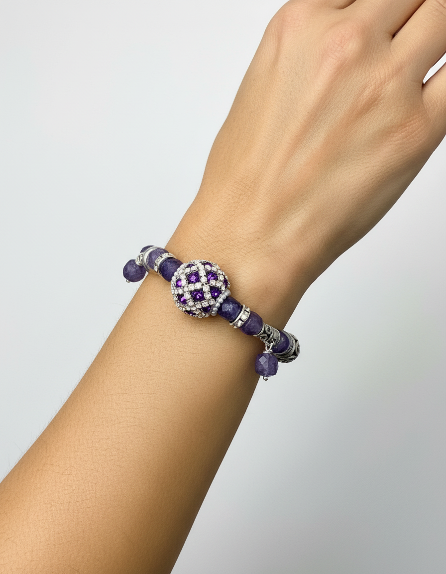 Faceted Genuine Amethyst Bracelet with Rhinestone Pavé Accent & Matching Earrings