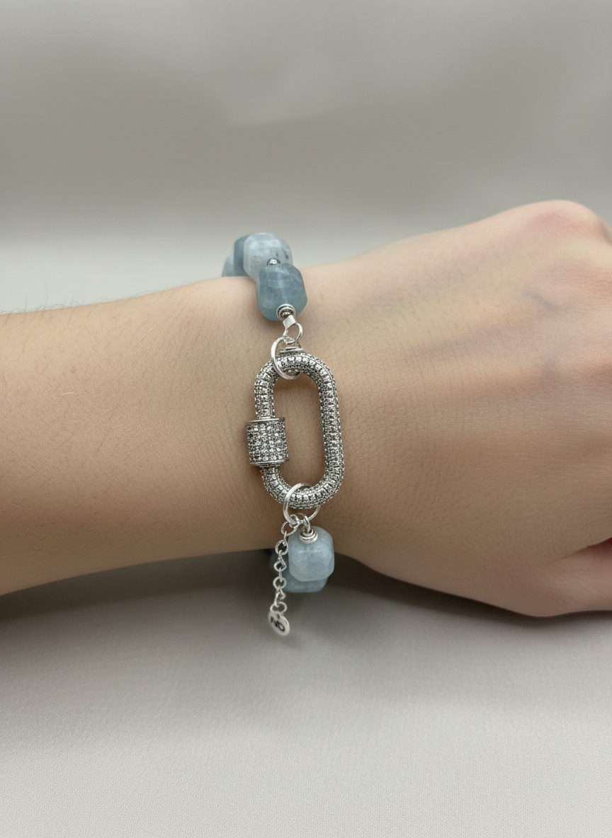 Genuine Natural Aquamarine Stone Bracelet with Silver Tone Pavé Clasp