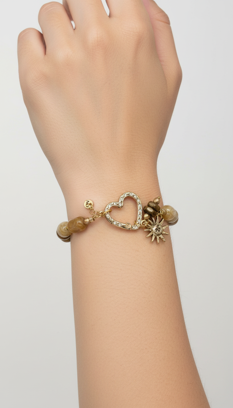Golden Yellow Bee Beaded Bracelet with Heart Clasp, Sun Charm & Citrine Beads