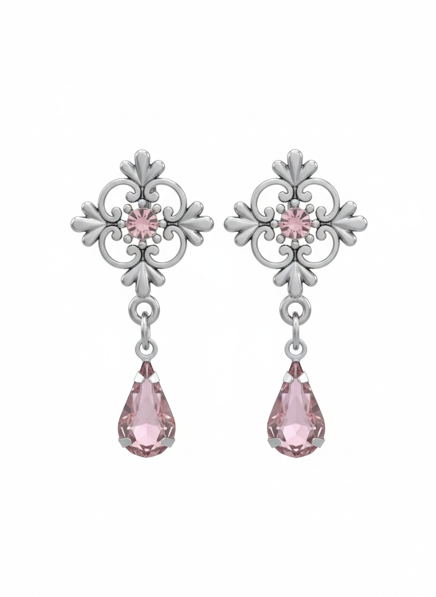 Silver Filigree Pink Crystal Drop Earrings