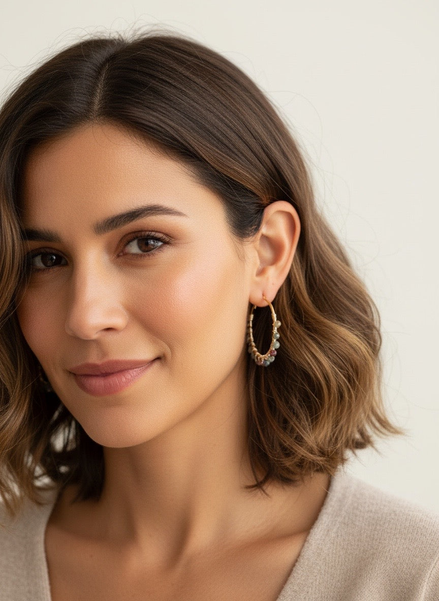 Hand-Wired Gold Hoop Earrings with Multicolor Glass Beads