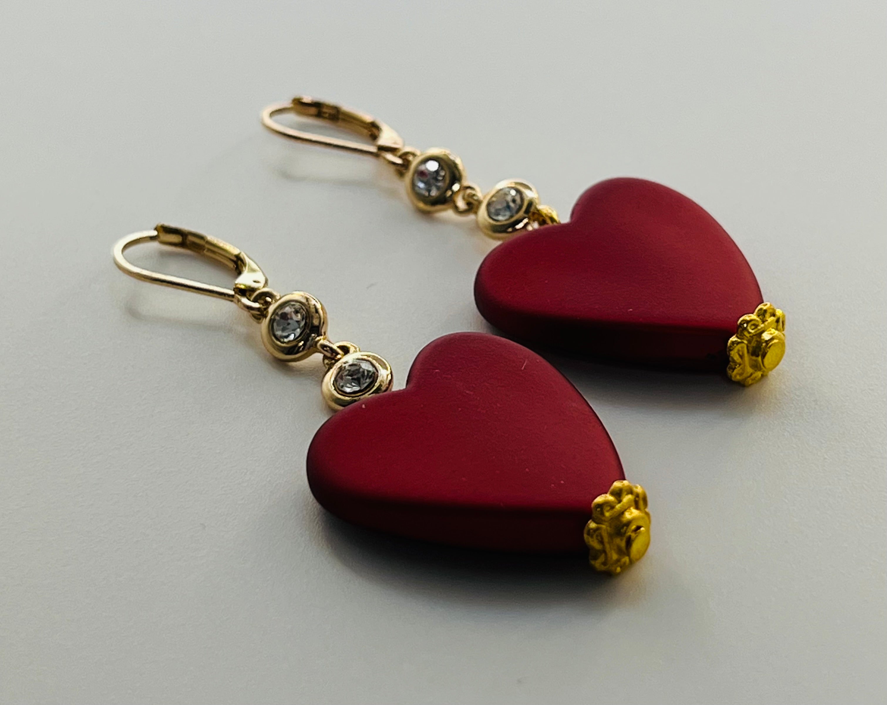 Gold and Red Puffed Heart Earrings