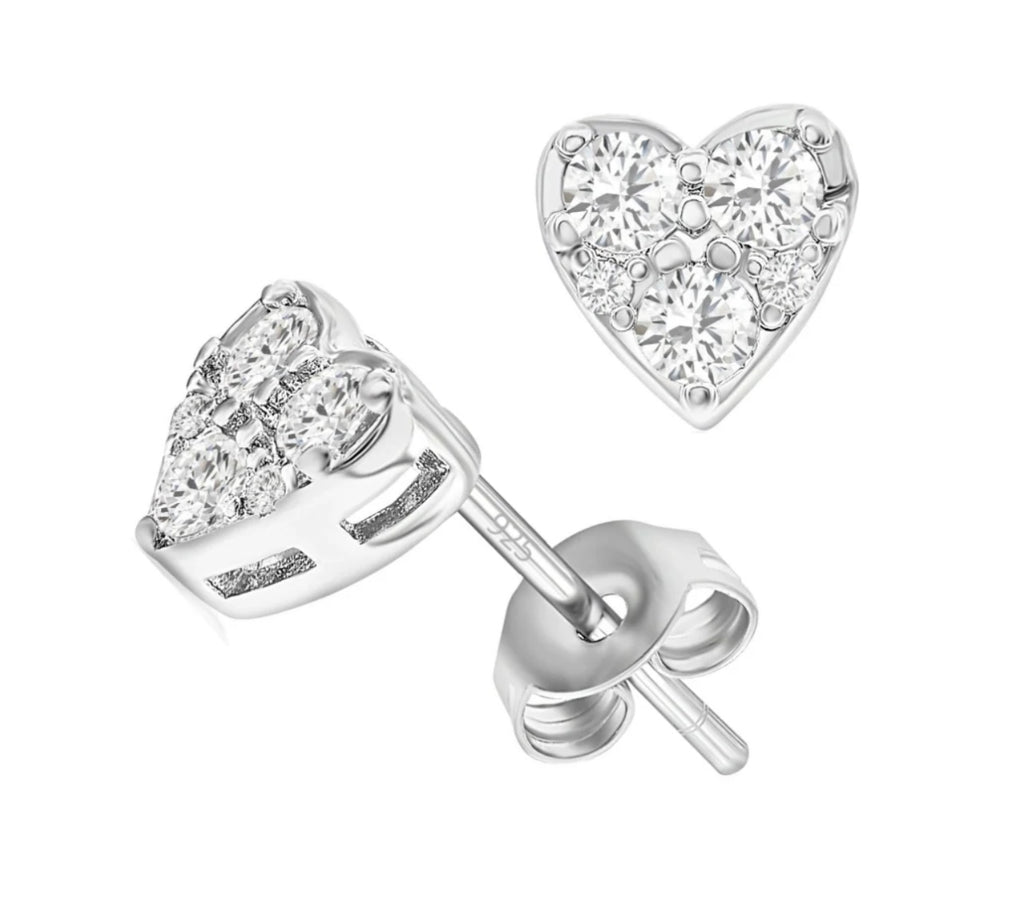 Solid Sterling Silver Tri Stone Heart Earrings
