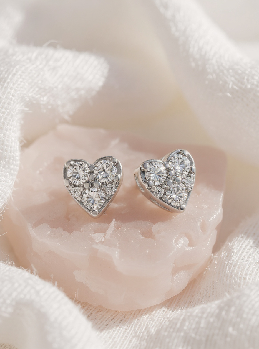 Solid Sterling Silver Tri Stone Heart Earrings