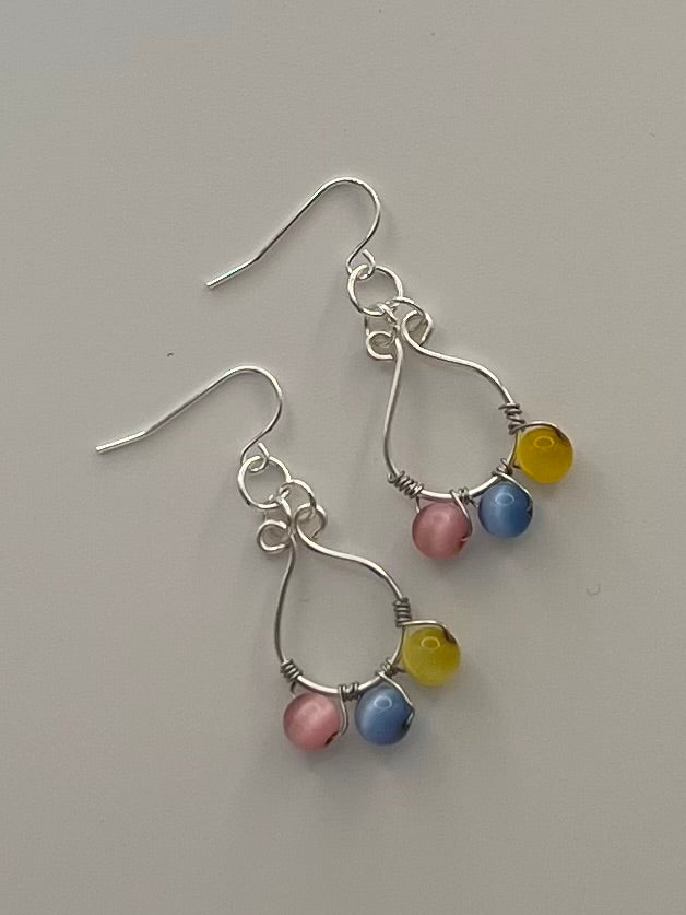 Wire Wrapped Tri-Bead Silver-tone Earrings with Sterling Silver Ear Wires