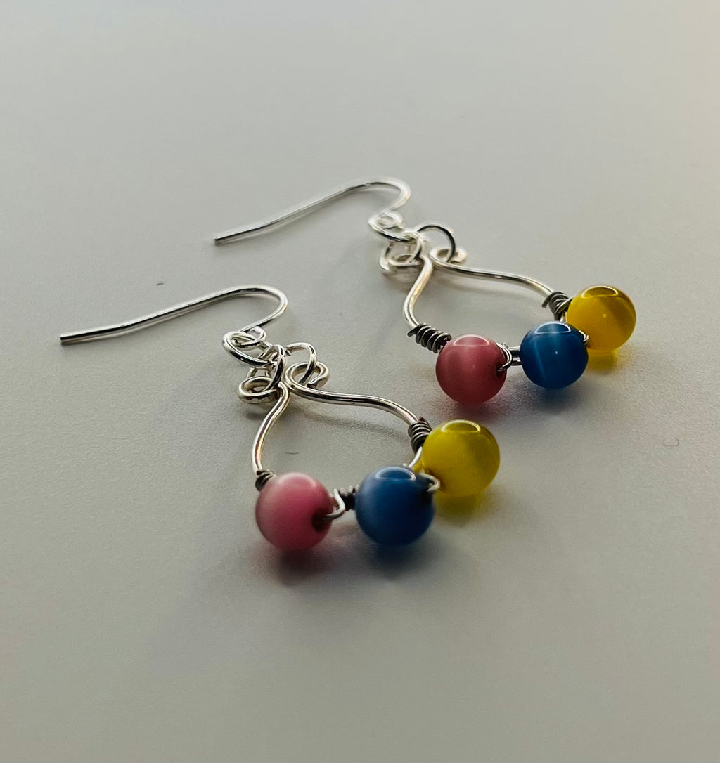 Wire Wrapped Tri-Bead Silver-tone Earrings with Sterling Silver Ear Wires