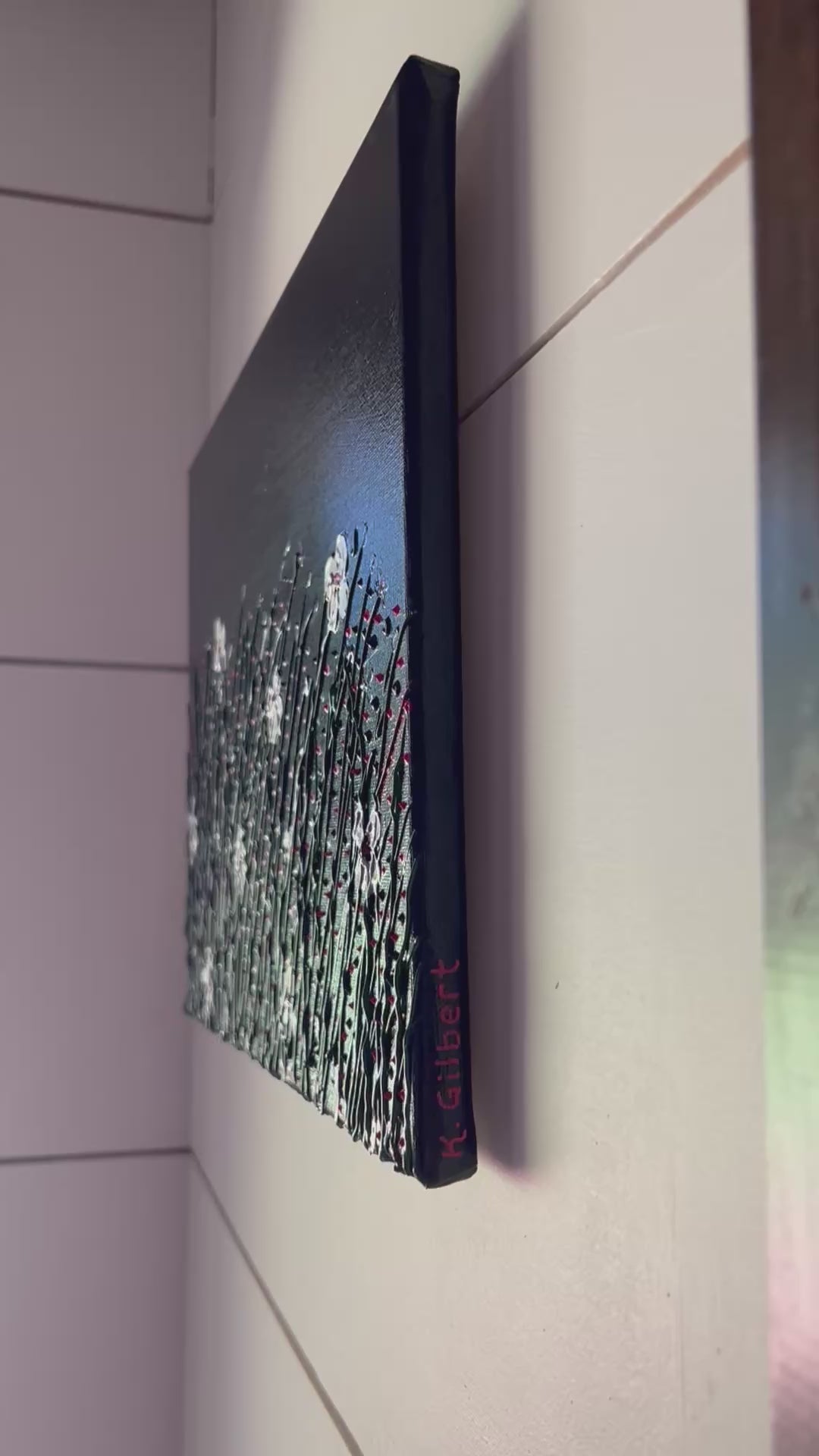 Textured Floral Field Acrylic Painting (11x14”) – Modern Black Canvas with Silver Blossoms & Red Accents